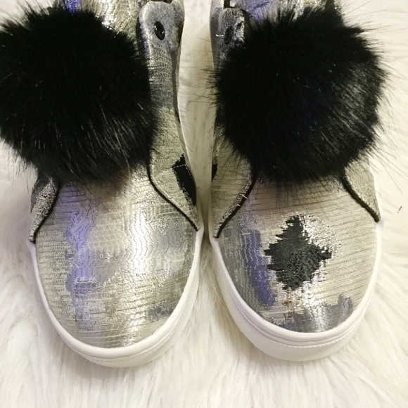 Silver/black brocade Pom Pom Sneakers - Picture 6 of 7